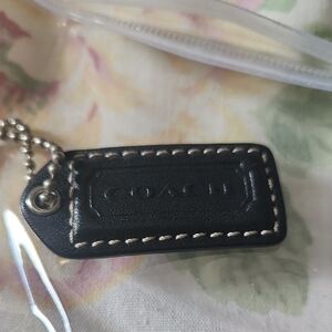 Coach Black Leather Stitched Key Tag with Ball Chain